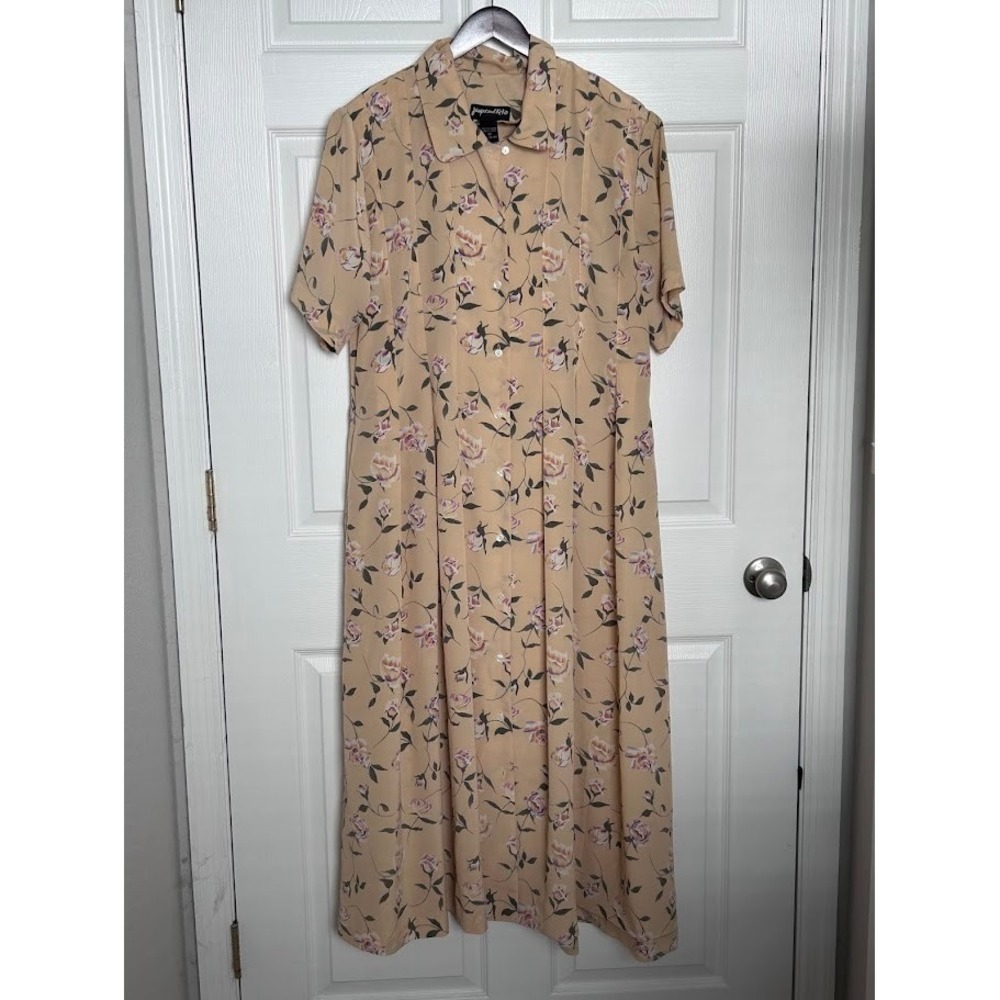 Jacque & Koko Floral Maxi Dress Yellow Short Sleeve Button Front Pleated Sz 10
